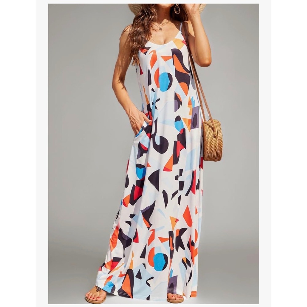 OURS Women XL Geometric Abstract Print Maxi Dress Art Deco Pop Art MCM Eclectic